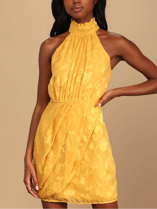 Lulus Dresses & Skirts - Lulus Chic Demeanor Yellow Floral Jacquard Halter Mini Dress Large